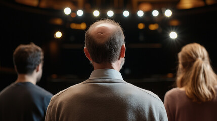 A Playwright Directing a Scene with Actors in a Theater Setting