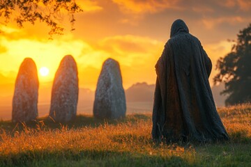 Celtic druid invoking ancient nature spirits at sunset amongst standing stones. Generative AI