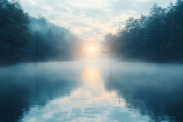 Fototapeta premium Enchanting Sunrise Over Misty Lake and Forest Serene Nature Photography
