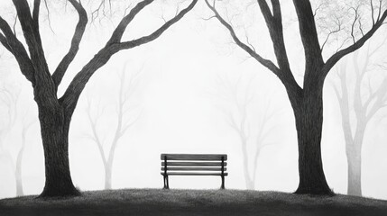 Foggy park bench, bare trees, monochrome scene.