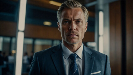 Fototapeta premium Focused man in a suit standing confidently, evoking leadership in a corporate environment.