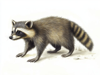 Fototapeta premium A detailed illustration of a raccoon, showcasing its fur, paws, and characteristic ringed tail.