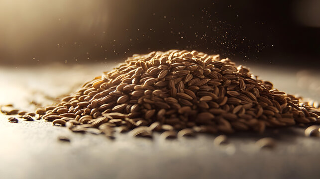 A close-up of cumin seeds placed in a small pile on a light surface, showcasing their fine texture and distinct earthy tones.