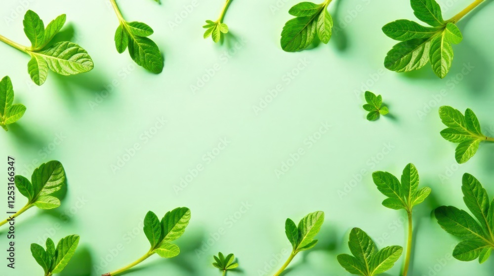 Poster fresh spring greenery arranged on a pastel green background, forming a frame for your text or design