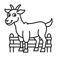 Cartoon goat behind a simple wooden fence. outline art . color page for kids. adult color page KDP