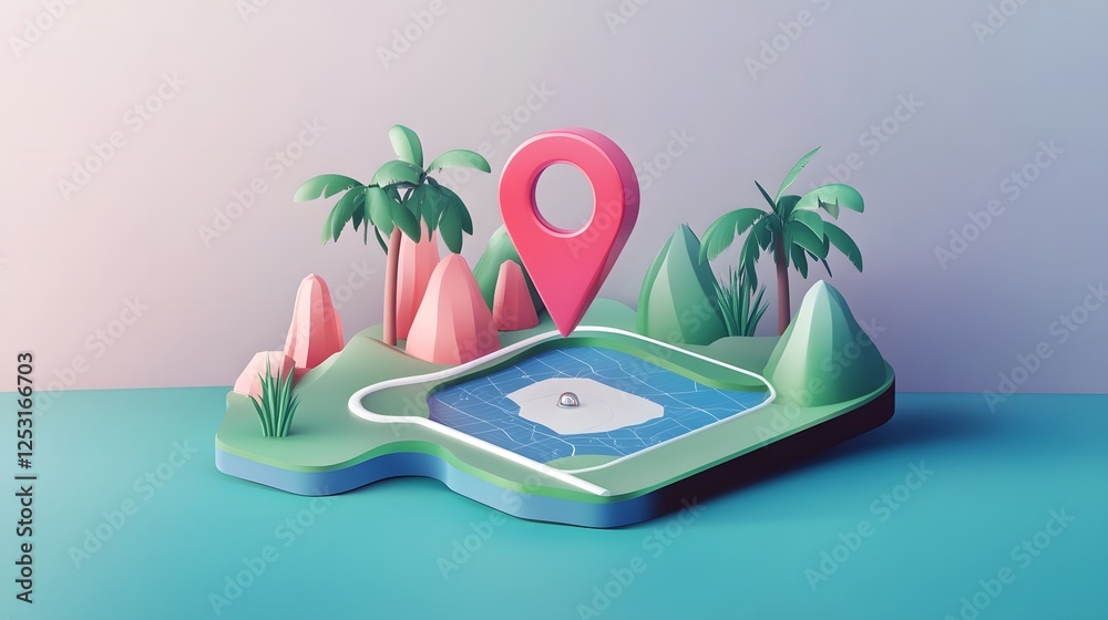 Aufkleber idyllic tropical island paradise with a navigation map pin and travel app concept scenic coastal lan