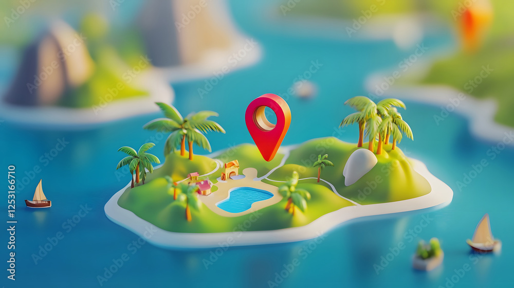 Aufkleber idyllic tropical island paradise with palm trees turquoise sea sailing boat and red navigation marke