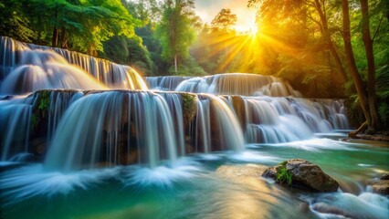 Obraz premium Sunlit Waterfall Close-Up: Long Exposure Stream with Copy Space