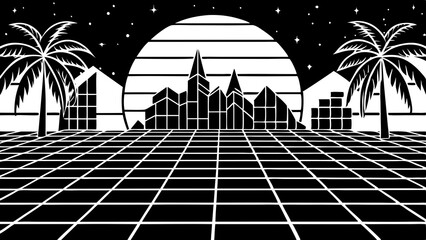 Retro cityscape, 1980s style, neon grid, palm trees, large moon, starry sky, urban skyline, synthwave aesthetic
