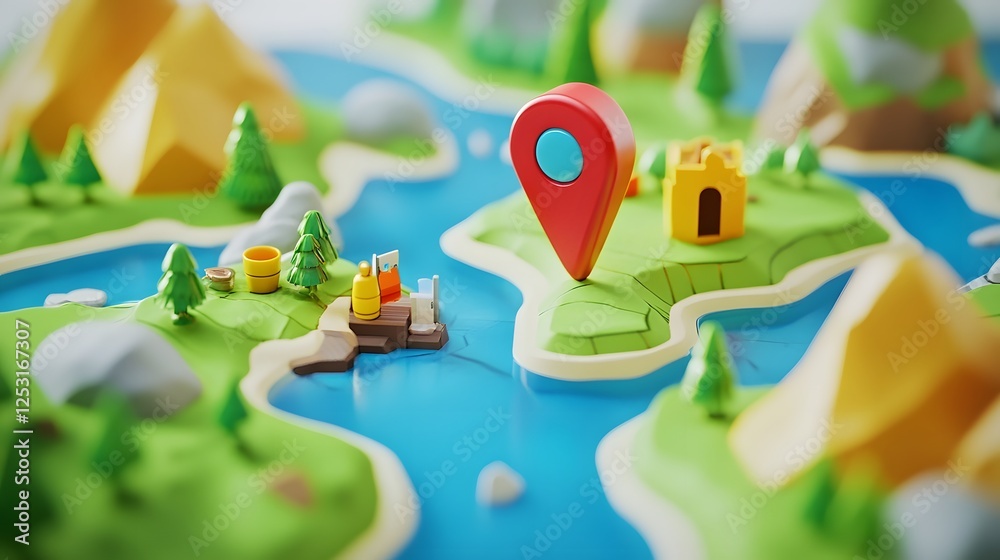 Poster illustrated 3d cartoon map with red pointer pin marking natural landscape elements such as mountains