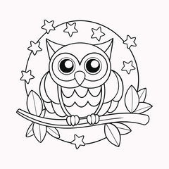 owl on branch outline art . color page for kids. adult color page KDP