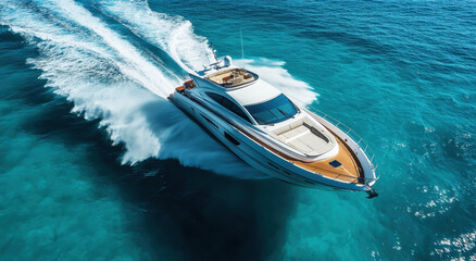 Fototapeta premium A sleek luxury yacht with elegant white and brown wood sails effortlessly across shimmering turquoise waters, creating a stunning wake