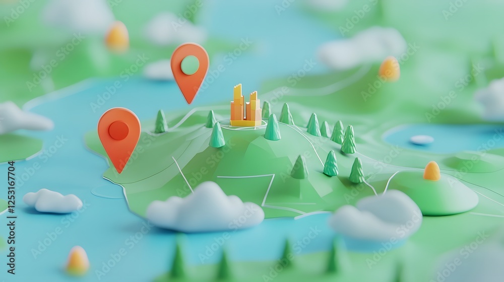 Poster illustrated digital 3d map showing a scenic mountain landscape with green forests rolling hills and 