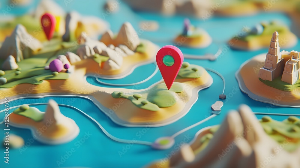 Poster illustrated conceptual map with navigation marker pointing at a scenic outdoor adventure destination