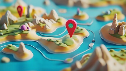 Fototapeta premium Illustrated conceptual map with navigation marker pointing at a scenic outdoor adventure destination amidst mountains forests rivers and lakes The image represents the idea of exploring