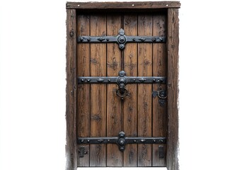An old wooden door with cross-bracing and iron fittings, set against a white background