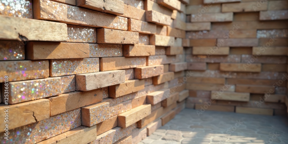 Aufkleber decorative wooden brick wall with sparkling accents, creating a unique textured surface ideal for in