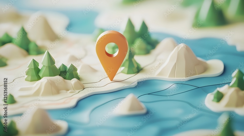 Poster illustrated map of a mountainous landscape with a location marker pinpointing a travel destination f