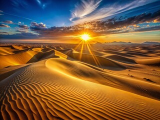 Naklejka premium Sunrise Sand Dunes: Cinematic Camera Panning Across Golden Desert Landscape