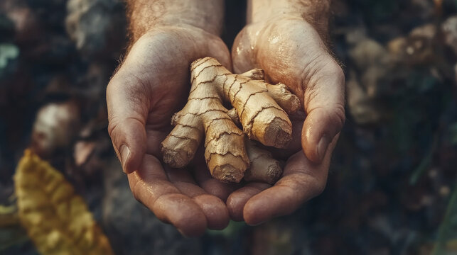 A hand holding a bunch of ginger