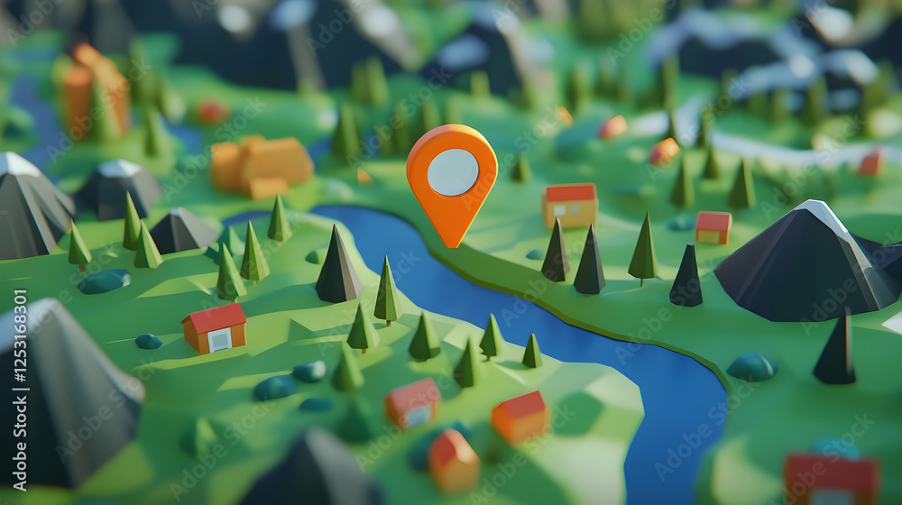 Poster illustrated map with a location pointer marker highlighting a scenic rural landscape with small hous
