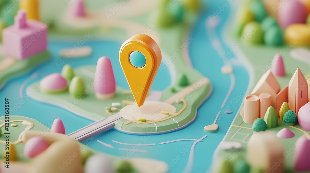 Leinwandbilder Illustrated map with a yellow location pin pointer on a colorful background featuring various landscape elements like mountains trees and paths representing travel navigation and