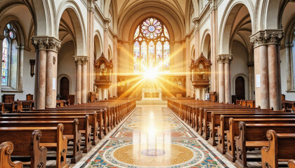 Sunlight streaming through colorful church windows in ornate basilica, serenity