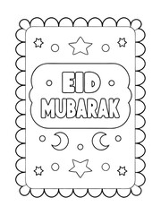 Printable Eid Mubarak Coloring Page for Kids outline art . color page for kids. adult color page KDP