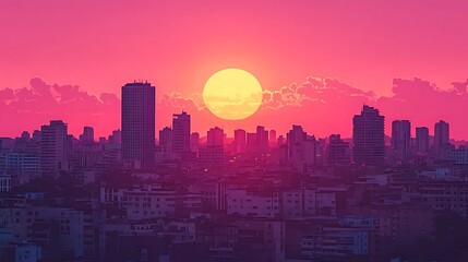 Fototapeta premium City skyline at sunset with vibrant pink sky