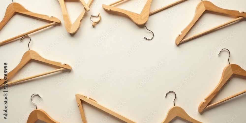 Poster wooden clothing hangers arranged on a light surface creating a frame for text or design elements