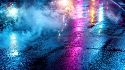 Obraz premium Colorful Night City Street With Wet Road And Neon Lights
