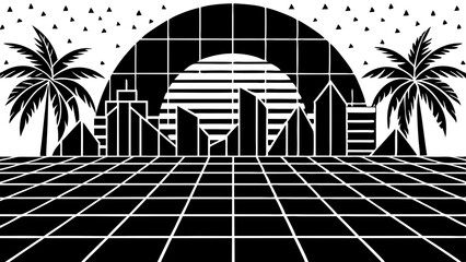 retro vaporwave cityscape, 80s style grid floor, palm trees silhouettes, geometric skyline, sunset backdrop, black and white art, wireframe architecture,
