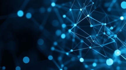 Abstract Blue Network Interconnected Nodes and Lines on Dark Background, Bokeh Effect