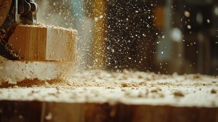Woodworking machine cuts a block of wood creating sawdust