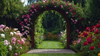 Wooden archway covered with climbing roses leading to lush garden path