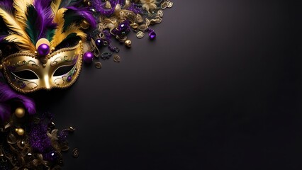 Mardi Gras banner with empty space Without Text, Black Luxury background, holiday banner poster background for advertisement ads