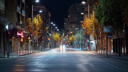 Empty City Street at Night with Golden Illumination