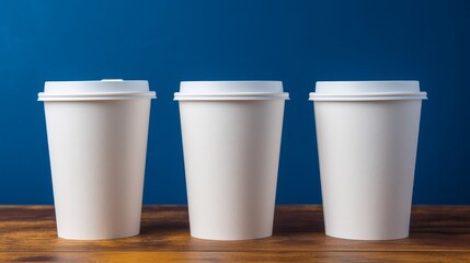 Creative coffee cups lined up against a vibrant blue backdrop. Generative AI