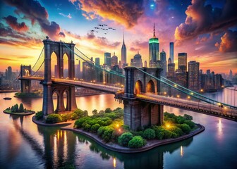 Fototapeta premium Surreal Brooklyn Bridge Skyline: Dreamlike Cityscape at Dusk