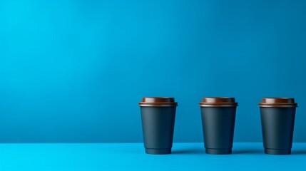 Coffee cups lined up against a vibrant blue backdrop creating a cozy vibe. Generative AI