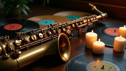 Obraz premium Vintage brass saxophone resting on a wooden table, evoking a sophisticated jazz ambiance 