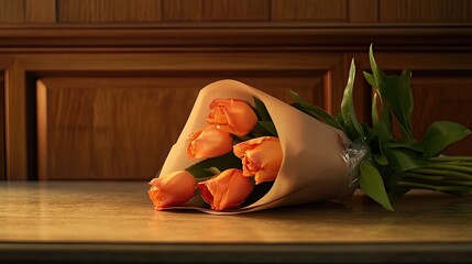 A bouquet wrapped neatly in paper, secured at the top with clear tape, placed on a wooden counter.