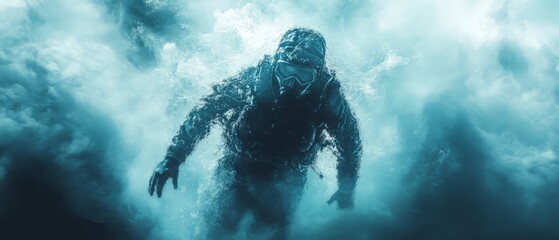 Dramatic Underwater Scene Featuring A Diver In A Gas Mask Surrounded By Swirling Blue Water And Mist.