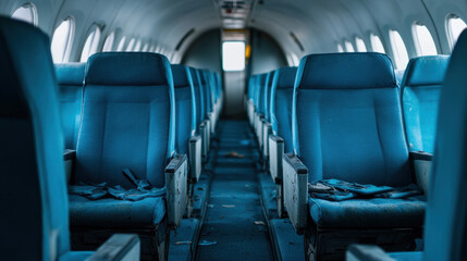 Abandoned airplane interior with blue worn out seats and scattered debris, evoking sense of neglect and decay