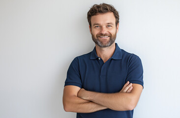 Fototapeta premium Portrait of a happy, smiling bearded man wearing a blue polo shirt, standing confidently with arms crossed against a white background, exuding a friendly and approachable demeanor 