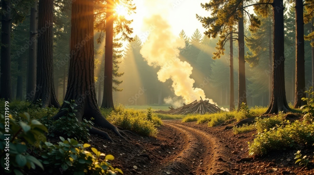 Poster golden sunlight illuminates a forest path leading to a pile of burning wood, creating a serene and m