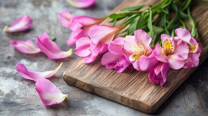 A close-up of flower stems freshly cut at a -degree angle, placed on a wooden cutting board.