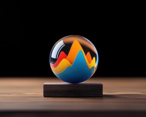 business analytics insights predictive analytics. A glowing crystal ball filled with business analytics charts and future trend indicators, symbolic of predictive insights