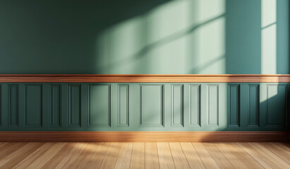 deep sage green wall with half deep brown paneling creates serene atmosphere, enhanced by natural light casting soft shadows