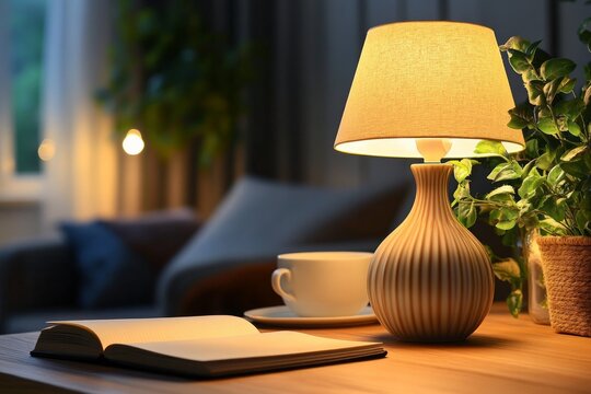 Warmth of a cozy workspace glowing under a serene nighttime ambiance. Generative AI